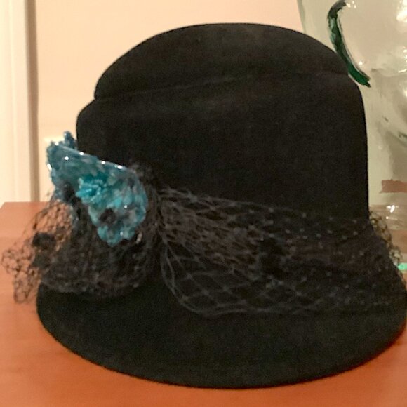 Andre  of Canada Black Felt Cloche Hat with Blue Flower Accents main image 7